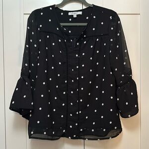 Polka Dot Bell Sleeved ChiffonTop V Neck Black & White Slit Sz MED NWOT